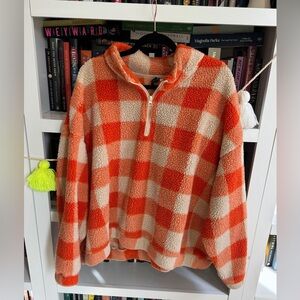 H&M Orange tan fleece checker plaid pullover zip up jacket coat sweatshirt